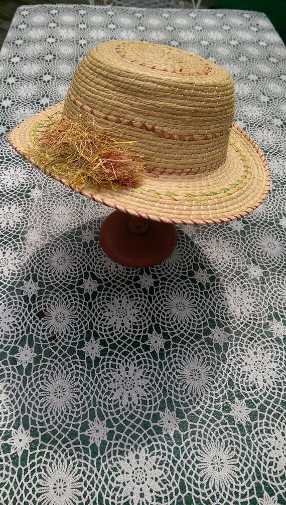 Vintage Hand Coiled Real Straw Hat with Straw Pom… - image 3