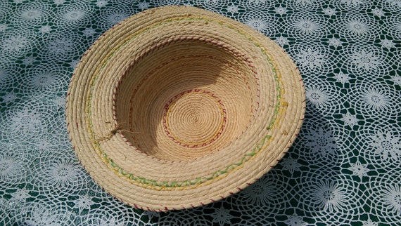 Vintage Hand Coiled Real Straw Hat with Straw Pom… - image 6