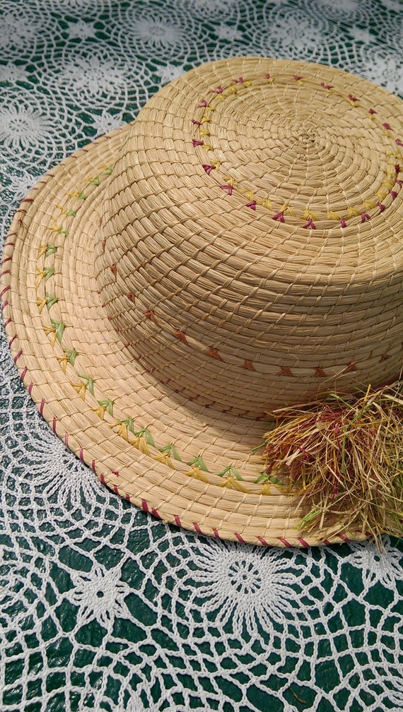 Vintage Hand Coiled Real Straw Hat with Straw Pom… - image 5