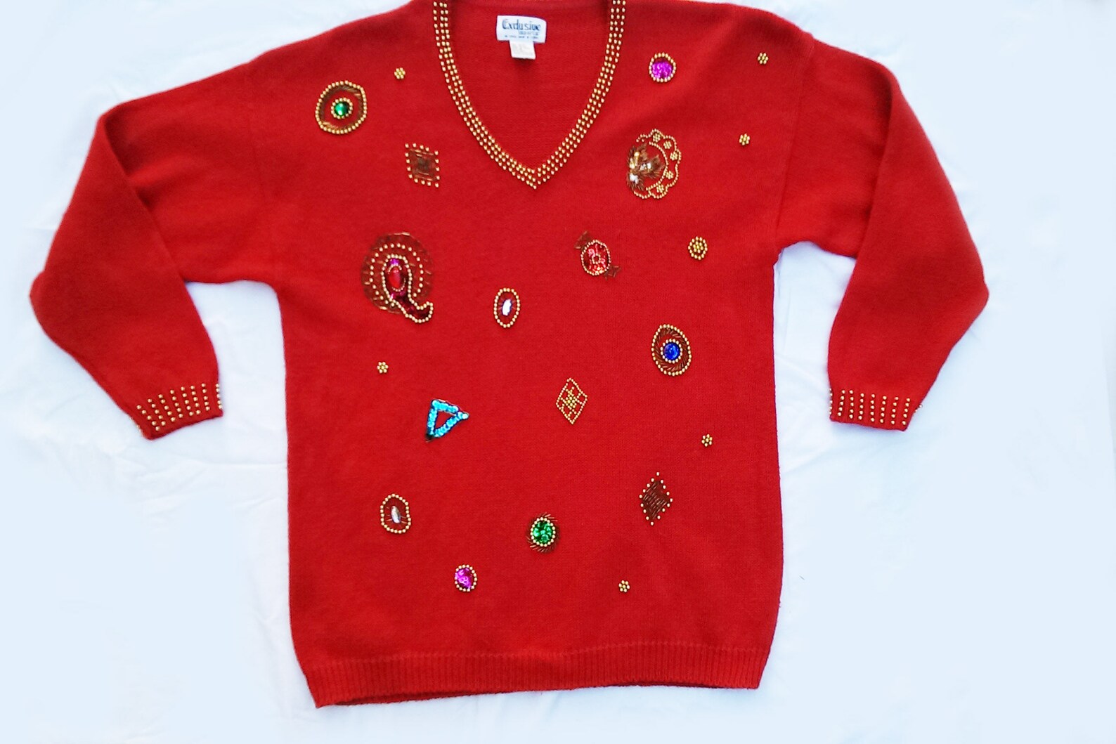 Vintage Embellished V Neck Holiday Sweater Ladies M Etsy