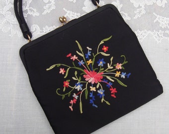 Vintage 1950's INBGER Black & Multicolor Floral Embroidered Handbag