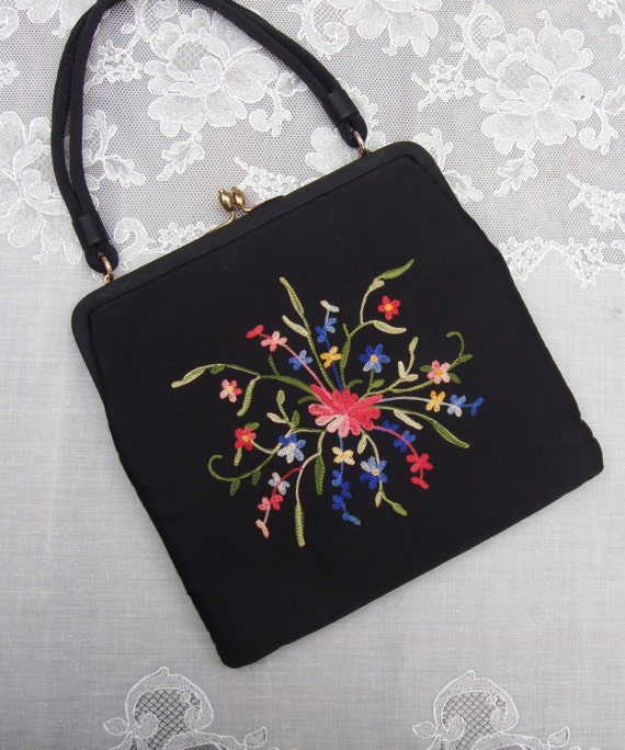 Vintage 1950's INBGER Black & Multicolor Floral Em