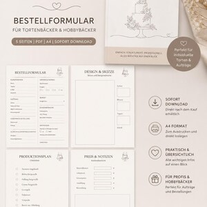 Könnte beinhalten: Ein digitaler Tortenplaner als Bestellformular im A4-Format mit Abschnitten für Kundendaten, Designskizzen, Produktionschecklisten und Preisnotizen. Das Dokument enthält deutschen Text sowie Strichzeichnungen von mehrstöckigen Torten.