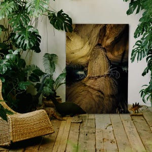 Könnte beinhalten: Ein rechteckiger Wandkunstdruck mit einer detaillierten Fotografie eines strukturierten, beigefarbenen Höhleninneren mit Stalagmitenformationen, ausgestellt in einem Raum mit grünen Topfpflanzen, einem geflochtenen Stuhl und kleinen Dinosaurierfiguren.