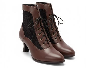 Stivaletti vittoriani da donna, scarpe vintage gotiche con tacco alto e lacci in pelle