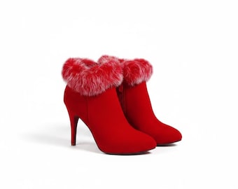 Women's Rabbit Fur Ankle Boots, Pointed Toe Platform High Heel Winter Boots