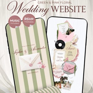 May include: Two smartphones display a green and pink floral wedding website template by Vowelle Studio. The screens feature striped backgrounds, an envelope with a wax seal, text reading Sophia & Alexander, August 8 2026, and RSVP details.