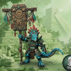 May include: A miniature lizard-like humanoid figure with blue scales, wearing segmented bronze and teal armor and a feathered headdress. The figure holds a tall, rectangular wooden staff topped with an ornate, carved banner featuring teal and red feathers.