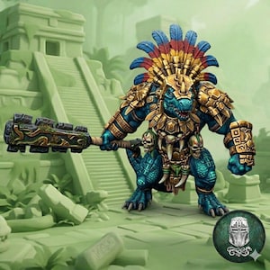 May include: A blue reptilian warrior figurine wearing a gold headdress with red and blue feathers, gold shoulder armor, and a loincloth with skull accents. The figure holds a large, dark, textured club in one hand and stands in a combat pose.