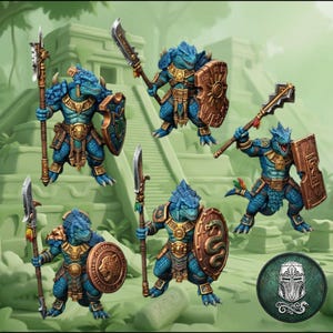 May include: Five blue lizard-like humanoid figurines in armor, each holding a polearm weapon and a round or rectangular shield. The figures feature intricate gold-toned details and are arranged against a light green background with a circular emblem.