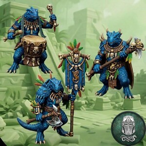 May include: Three blue reptilian humanoid figurines with textured scales. One plays a drum with a skull motif, another holds a tall banner decorated with skulls and feathers, and the third carries a large axe and wears a feathered collar.