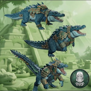 May include: Three blue crocodile-like figurines with textured scales, open mouths, and intricate gold and green armor plating on their backs and limbs. The figures are posed in dynamic stances, featuring detailed headgear and ornate decorative elements.