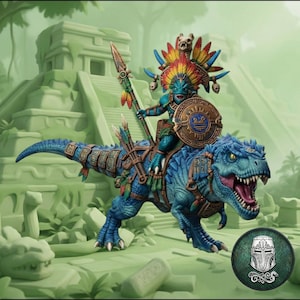 May include: A blue reptilian warrior figure riding a blue dinosaur. The warrior wears a colorful feathered headdress with skulls, holds a spear, and carries a round bronze shield. The dinosaur is equipped with leather straps and decorative armor.