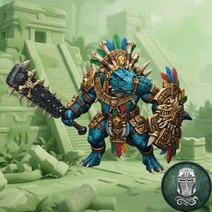 May include: A blue reptilian humanoid figurine wearing an ornate gold headdress with green, blue, and red feathers and bone accents. The figure holds a dark gray spiked club in one hand and a circular gold shield with intricate carvings in the other.