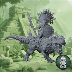 May include: A gray miniature figurine of a warrior wearing an elaborate feathered headdress and holding a spear and a circular shield, mounted on a large, scaled dinosaur-like creature with an open mouth, set against a temple background.