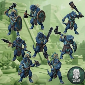 May include: A set of eight blue lizard-like humanoid warrior figurines. Each figure features textured scales, a loincloth, and tribal-style accessories. They are equipped with various weapons including clubs, axes, and spears, and some carry round shields.