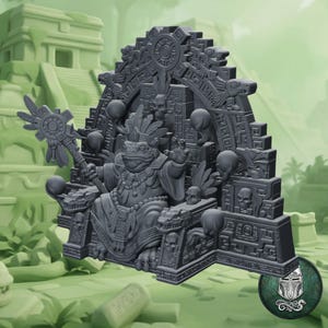 May include: A dark gray resin miniature figurine depicting a toad-like creature seated on an ornate throne. The throne features intricate carvings of skulls, geometric patterns, and animal motifs. The figure holds a staff and wears a feathered headdress.
