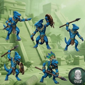 May include: Five blue lizard-like humanoid figurines in dynamic poses. Each figure wears a tan loincloth, a decorative collar, and arm bands. Some hold wooden spears or round shields. One figure wears a feathered headdress. A circular emblem is visible.