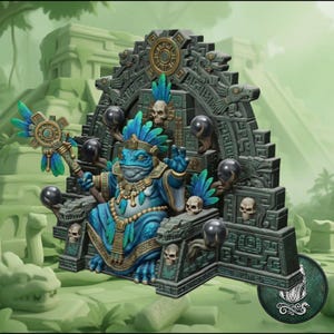 May include: A miniature figurine of a blue toad-like creature sitting on an ornate stone throne. The throne features carved skulls, geometric patterns, and dark spheres. The creature wears a feathered headdress and holds a staff with a circular emblem.