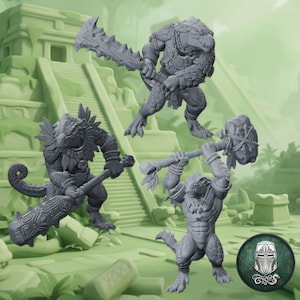 Peut inclure: Trois figurines miniatures en résine grise non peinte représentant des guerriers reptiliens. L'un tient une lame dentelée, un autre une lourde massue et le troisième manie un grand marteau en pierre. Chaque créature présente des écailles détaillées.