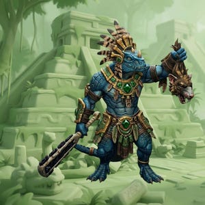 May include: A blue reptilian humanoid figurine wearing a feathered headdress, a green and gold chest piece, and a matching belt. The figure holds a dark club in one hand and a severed rodent head in the other, standing against a green temple background.