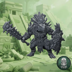 May include: A grey lizard-like warrior figurine featuring a textured scaly hide, wearing an elaborate feathered headdress and ornate armor. The figure holds a spiked club in one hand and a circular shield with intricate carvings in the other.
