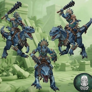 May include: Three blue reptilian figures mounted on blue dinosaur-like creatures. Each figure wears a feathered headdress and armor, wielding a jagged club or shield. The creatures have open mouths and textured scales, depicted in a dynamic pose.