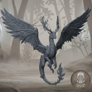 May include: A grey, unpainted resin miniature of a dragon-like creature with large, feathered wings, branching antlers, and a long, leaf-tipped tail. The figure is captured in a dynamic, mid-air pose with its wings fully extended and claws reaching.