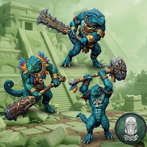 May include: Three blue lizard-like humanoid warrior figurines with textured scales. One holds a large serrated blade, another a wooden club with a patterned design, and the third a stone hammer. They wear gold accents and colorful feathers.
