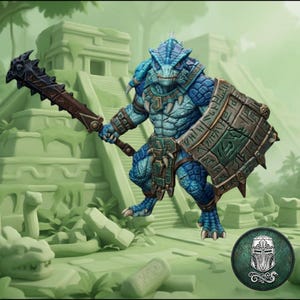 May include: A blue reptilian humanoid figurine with textured scales, wearing ornate armor and a loincloth. The figure holds a dark, spiked club in one hand and a large, rectangular shield with carved symbols in the other, standing in a combat pose.