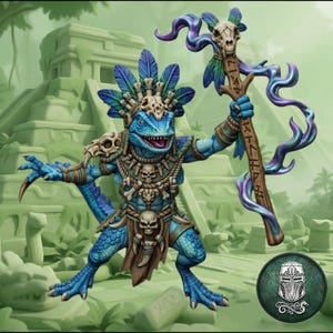 May include: A blue lizard-like humanoid figurine wearing a feathered headdress and a bone necklace with skulls. It holds a wooden staff topped with a skull and purple magical energy. The figure features detailed scales and a loincloth.