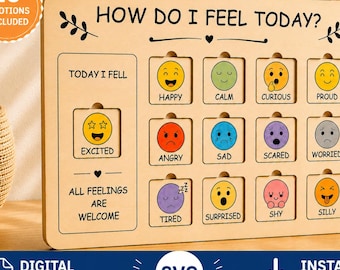 Jak się dziś czuję SVG | Tablica emocji wycinana laserowo | 20 kafelków z emocjami | Wykres emocji Montessori | Aktywność terapeutyczna dla dzieci | SVG DXF