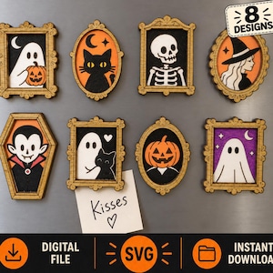 以下が含まれることがあります： ハロウィーンをテーマにした8つの装飾用マグネット。金色の装飾フレームに入っており、幽霊、黒猫、骸骨、魔女、棺桶型のフレームに入った吸血鬼、ジャック・オー・ランタンのデザインが施されています。手書きで「Kisses」と書かれた白いメモが貼られています。