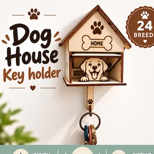 Puede incluir: Un llavero de pared de madera clara con forma de caseta de perro. La parte frontal presenta un recorte de un perro, un letrero con forma de hueso con la palabra HOME y una huella. Un anillo de metal con llaves cuelga de una pestaña de madera.