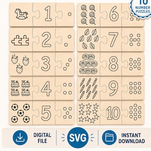 May include: Ten wooden number puzzle pieces featuring black line art illustrations of objects, numbers one through ten, and corresponding dot counts. A blue badge in the corner reads 10 NUMBER PUZZLES, and the bottom includes DIGITAL FILE SVG INSTANT DOWNLOAD text.
