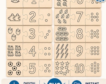 Puzzle liczbowe SVG 1-10 | Puzzle z liczeniem wycinane laserowo | Aktywności matematyczne Montessori | Gra edukacyjna dla przedszkolaków | Zabawka edukacyjna | SVG DXF