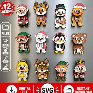 May include: A set of 12 colorful Christmas-themed wooden character magnets featuring Santa Claus, reindeer, a snowman, gingerbread person, elf, polar bear, penguin, bear, angel, and nutcracker, with digital file formats listed on the left side.