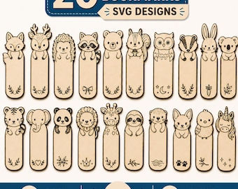 Zestaw zakładek do książek ze zwierzętami w formacie SVG | 20 uroczych zakładek wycinanych laserowo | Dziecięce zwierzęta fantasy w leśnym safari | Prezent dla nauczyciela | SVG DXF