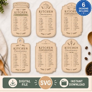 Puede incluir: Seis placas de color marrón claro estilo madera con tablas de conversión de cocina, texto negro e iconos decorativos. Cada placa enumera medidas de volumen y peso como 3 cdta a 1 cda y 16 oz a 1 lb. Una insignia circular azul indica que se incluyen 6 diseños.