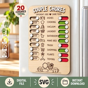 May include: A light-coloured wooden chore chart with the text COUPLE CHORES, DIFFERENT JOBS SAME TEAM, and a list of tasks including dishes, cooking, vacuum, laundry, bathroom, make bed, trash, shopping, plants, and tidying with sliding toggles.