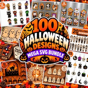 Puede incluir: Una colección digital de 100 diseños de Halloween en un mega paquete SVG, con varias ilustraciones que incluyen fantasmas, calabazas, esqueletos, gatos y murciélagos, con el texto 100 HALLOWEEN DESIGNS MEGA SVG BUNDLE mostrado.