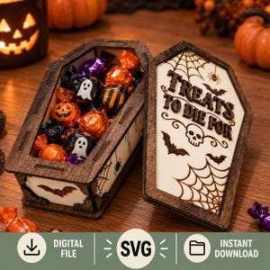May include: A wooden coffin-shaped box with a dark brown frame and light-colored panels featuring spider web, bat, and skull illustrations. The lid displays the text "TREATS TO DIE FOR" and the box is filled with assorted Halloween-themed candies.