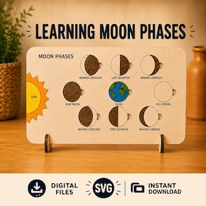 Rompecabezas de fases lunares SVG | Juego educativo del ciclo lunar | Rompecabezas espacial infantil cortado con láser | Astronomía para la educación en casa | Juguete educativo | SVG DXF