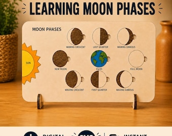 Układanka z fazami księżyca SVG | Gra edukacyjna o cyklu księżycowym | Kosmiczna układanka dla dzieci wycinana laserowo | Astronomia w domu | Zabawka edukacyjna | SVG DXF
