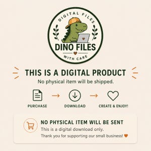 Może przedstawiać: Okrągłe logo przedstawiające zielonego dinozaura w pomarańczowej czapce przy laptopie z napisem DINO FILES. Poniżej znajduje się tekst THIS IS A DIGITAL PRODUCT, No physical item will be shipped oraz ikony przedstawiające proces zakupu i pobierania.