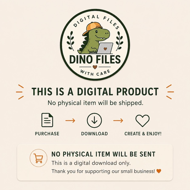 Może przedstawiać: Okrągłe logo przedstawiające zielonego dinozaura w pomarańczowej czapce przy laptopie z napisem DINO FILES. Poniżej znajduje się tekst THIS IS A DIGITAL PRODUCT, No physical item will be shipped oraz ikony przedstawiające proces zakupu i pobierania.