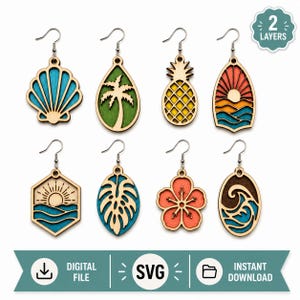 Pode incluir: Oito pares de brincos de madeira em camadas com designs tropicais, incluindo concha, palmeira, abacaxi, pôr do sol, ondas do mar, folha de monstera e flor. O conjunto inclui um arquivo digital SVG para download instantâneo com 2 camadas.
