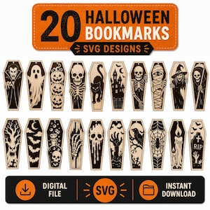 May include: A digital collection of 20 Halloween bookmark SVG designs featuring coffin-shaped illustrations of vampires, ghosts, pumpkins, skeletons, mummies, witches, and other spooky motifs, presented with an orange header and black footer.