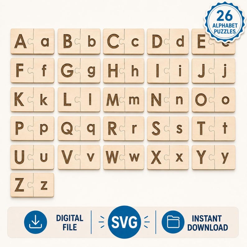 Układanka z alfabetem SVG | układanka z wielkimi i małymi literami wycinana laserowo | Gra edukacyjna ABC | Litery Montessori | W zestawie plik DXF zdjęcie 1