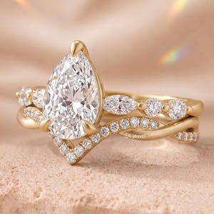 Pear Shaped Lab Grown Diamond Engagement Ring, Modern Bridal Ring Set With Infinity Band ,IGI Certified 14k Gold Wedding Ring Set For Her